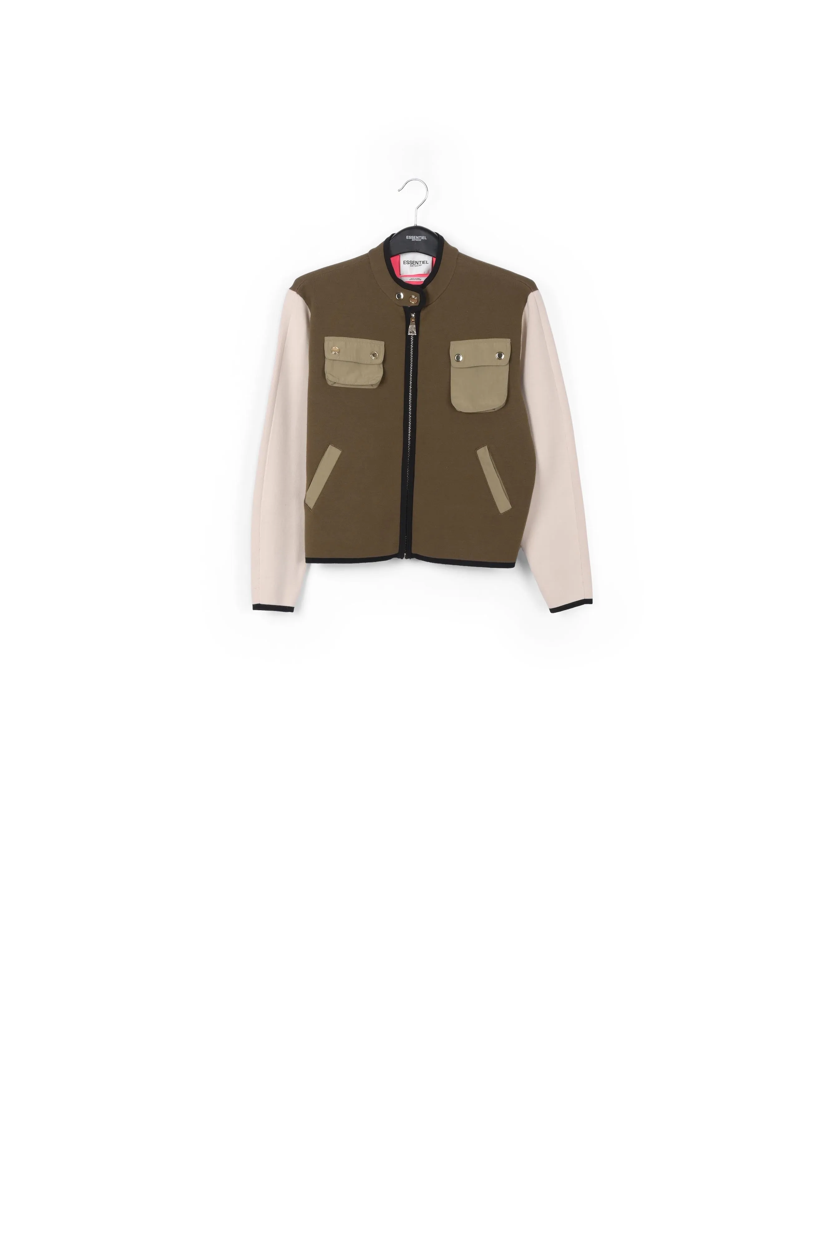 Khaki and off-white utility-inspired knit jacket