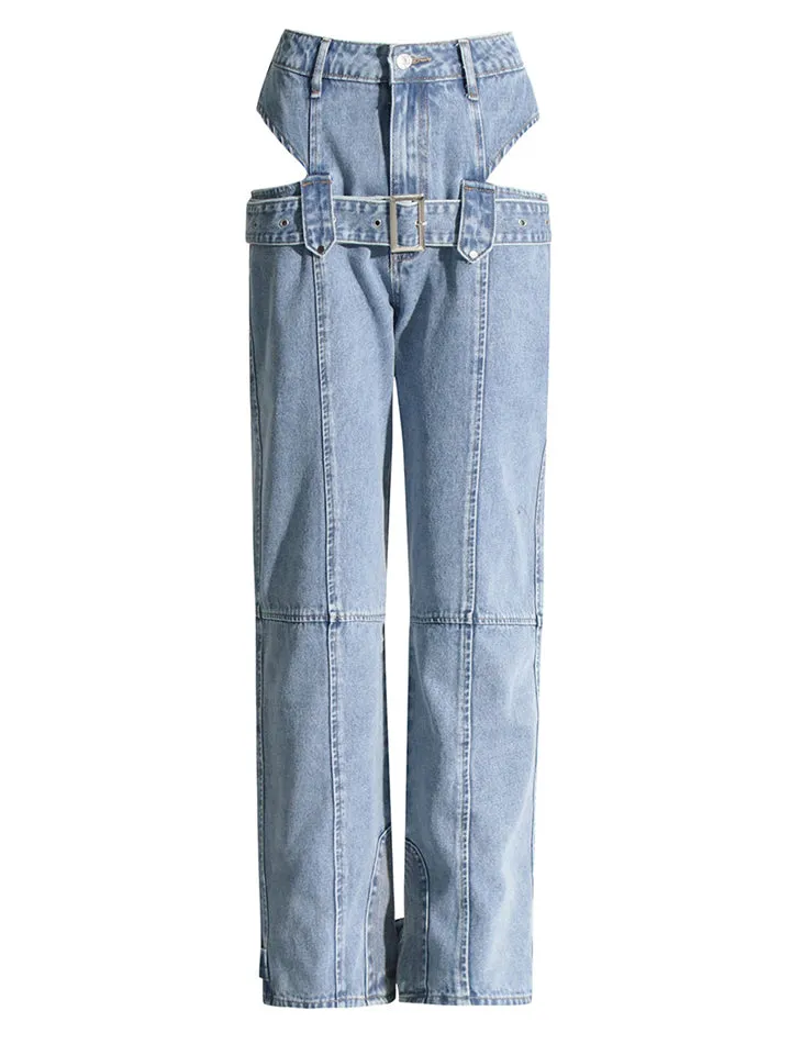 Ladies Hollow Out High-rise Wide Leg Jeans