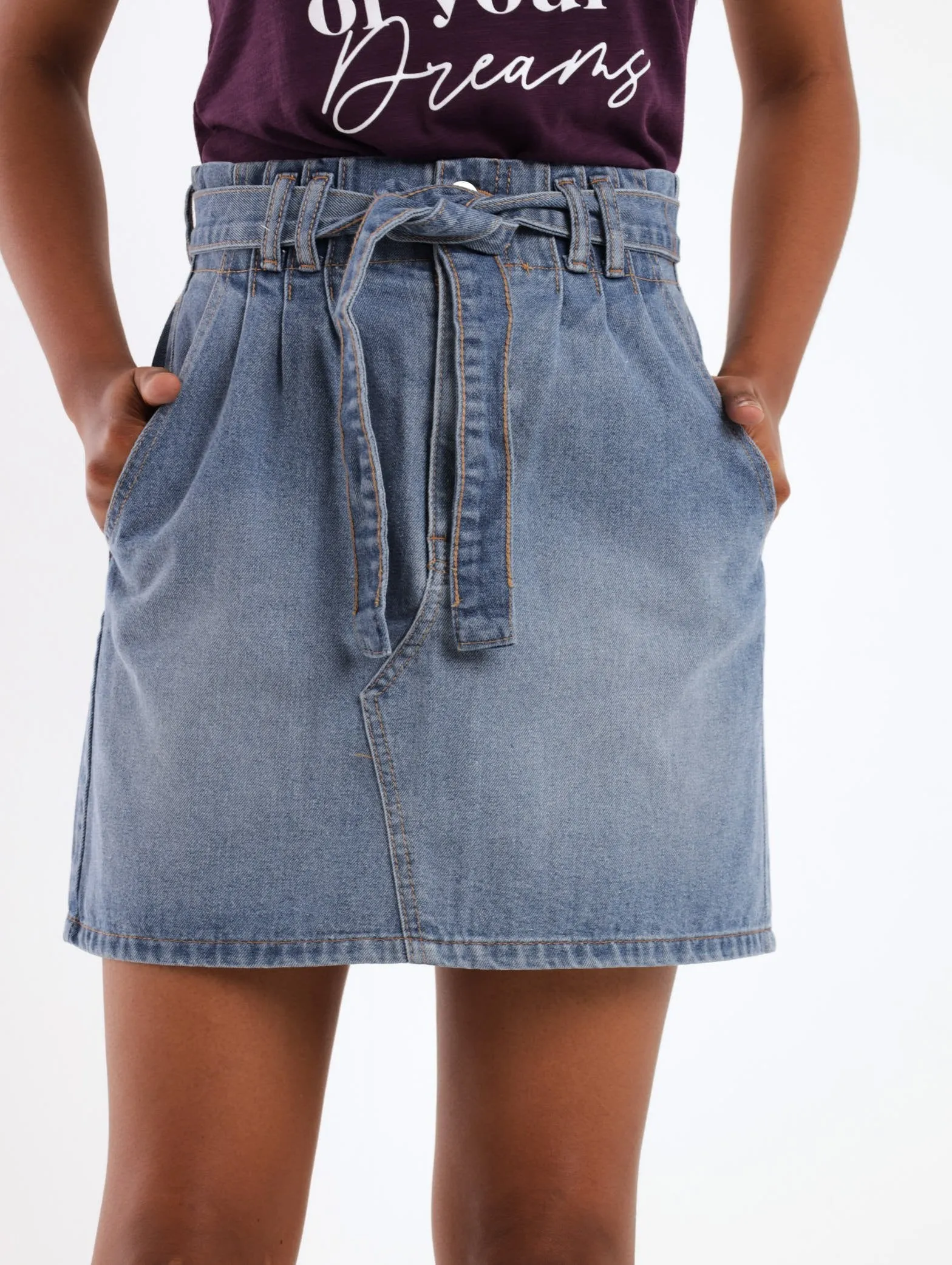 Ladies Paperbag Pleated Front Mini Skirt - Stonewash