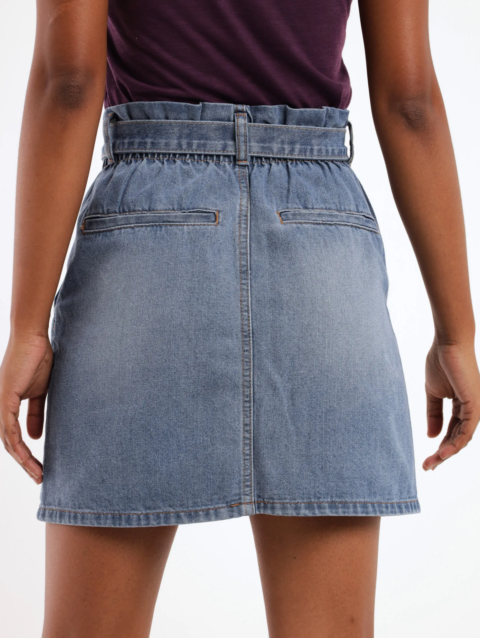 Ladies Paperbag Pleated Front Mini Skirt - Stonewash