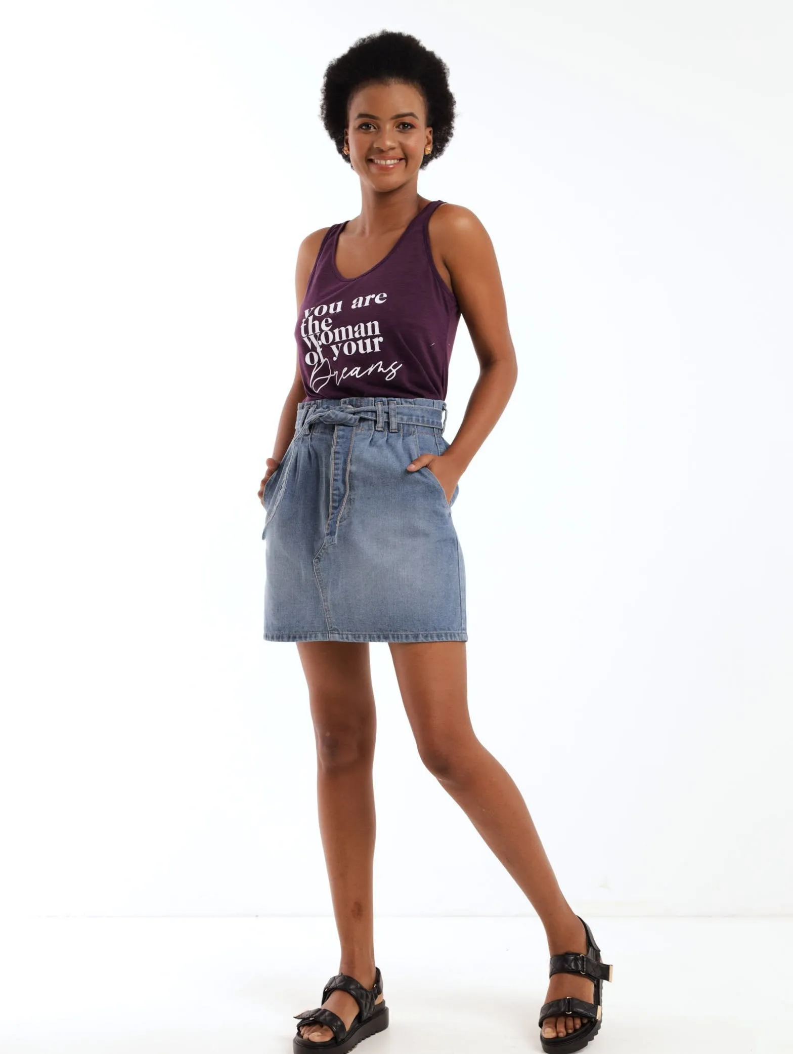 Ladies Paperbag Pleated Front Mini Skirt - Stonewash