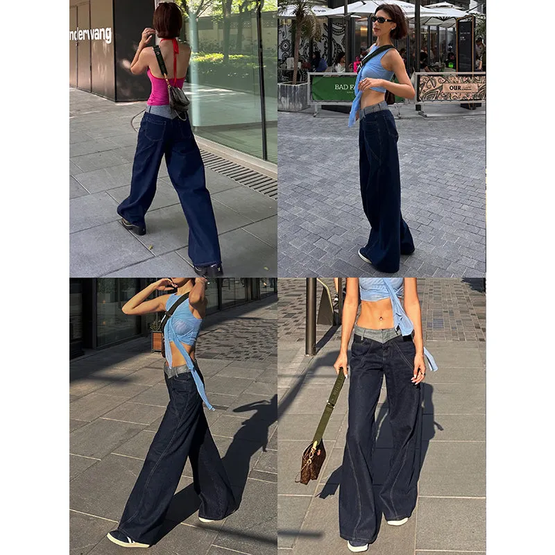 Lara Denim Blue Low-Rise Paneled Straight Wide-Leg Jeans Pants
