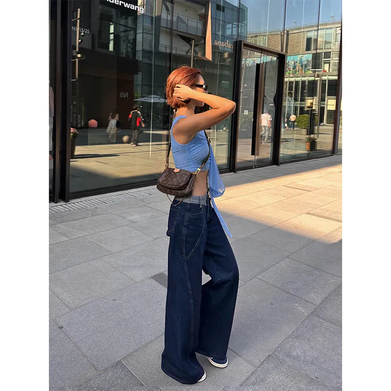Lara Denim Blue Low-Rise Paneled Straight Wide-Leg Jeans Pants