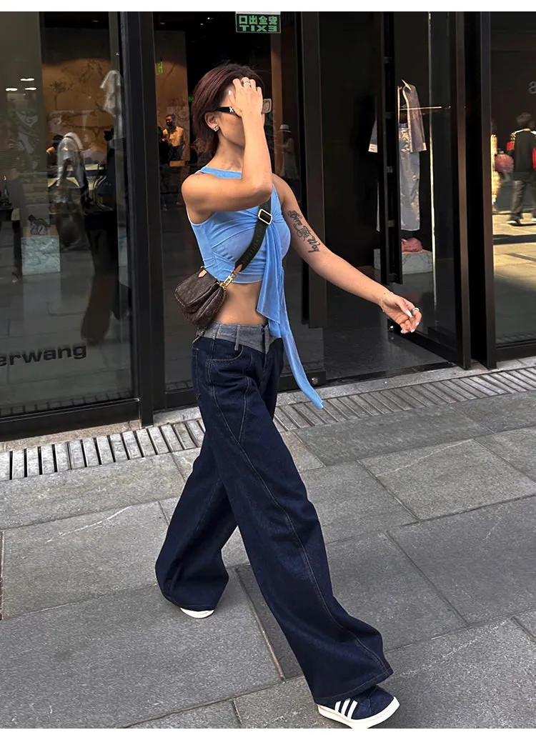 Lara Denim Blue Low-Rise Paneled Straight Wide-Leg Jeans Pants