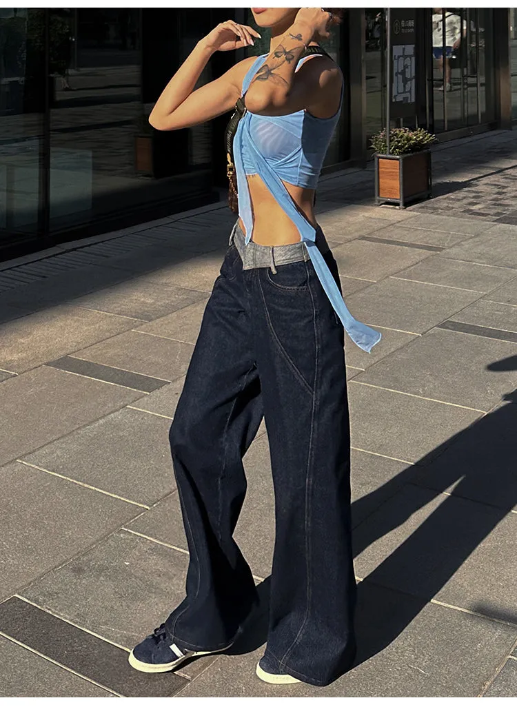Lara Denim Blue Low-Rise Paneled Straight Wide-Leg Jeans Pants