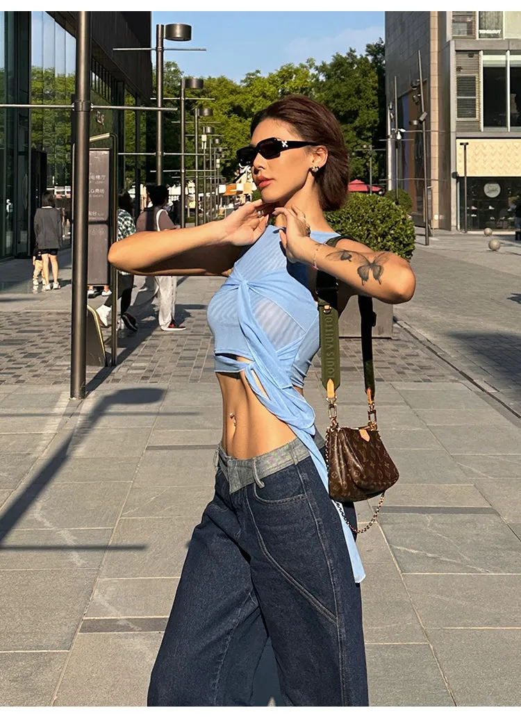 Lara Denim Blue Low-Rise Paneled Straight Wide-Leg Jeans Pants