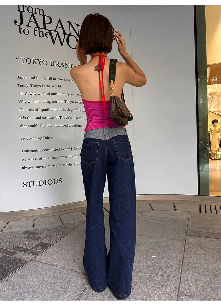 Lara Denim Blue Low-Rise Paneled Straight Wide-Leg Jeans Pants