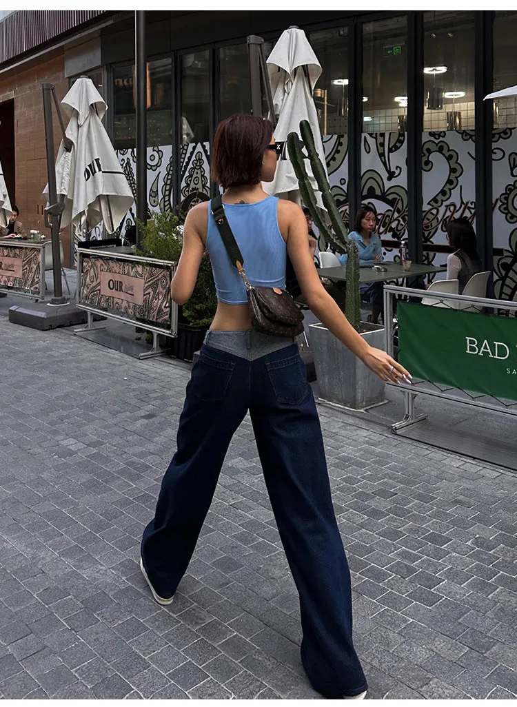 Lara Denim Blue Low-Rise Paneled Straight Wide-Leg Jeans Pants