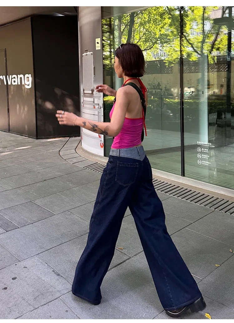 Lara Denim Blue Low-Rise Paneled Straight Wide-Leg Jeans Pants
