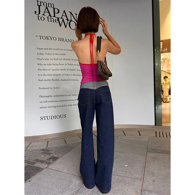 Lara Denim Blue Low-Rise Paneled Straight Wide-Leg Jeans Pants