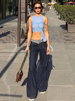 Lara Denim Blue Low-Rise Paneled Straight Wide-Leg Jeans Pants