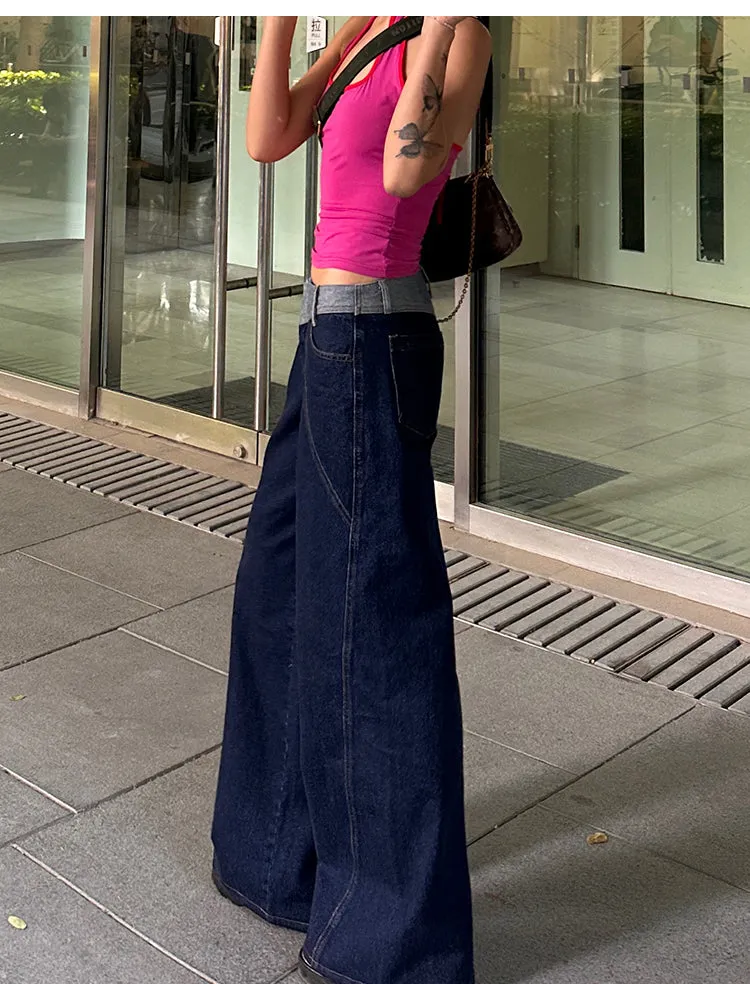 Lara Denim Blue Low-Rise Paneled Straight Wide-Leg Jeans Pants
