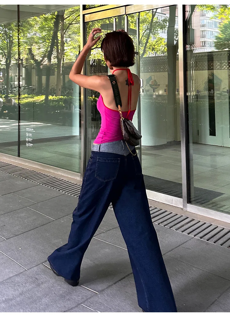 Lara Denim Blue Low-Rise Paneled Straight Wide-Leg Jeans Pants