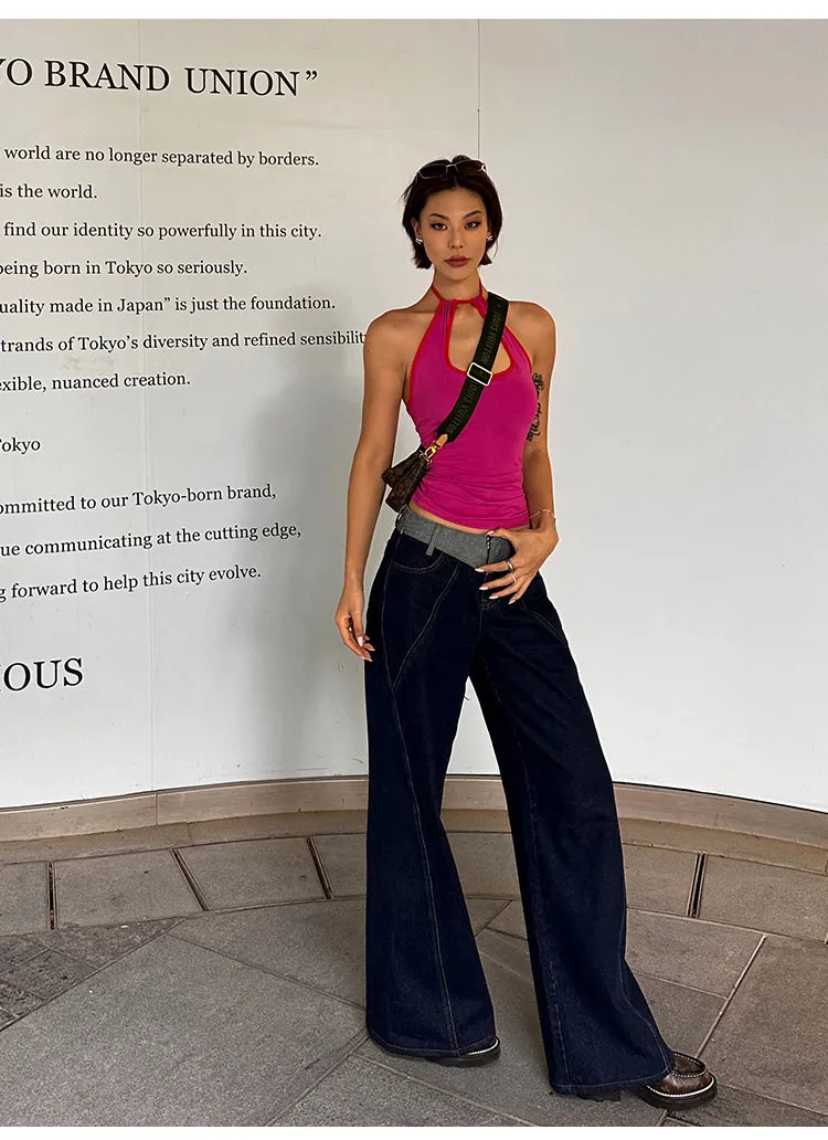 Lara Denim Blue Low-Rise Paneled Straight Wide-Leg Jeans Pants