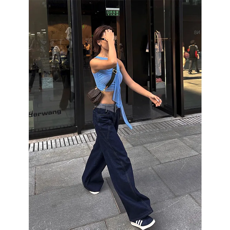Lara Denim Blue Low-Rise Paneled Straight Wide-Leg Jeans Pants