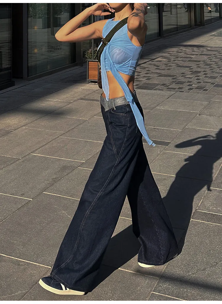 Lara Denim Blue Low-Rise Paneled Straight Wide-Leg Jeans Pants