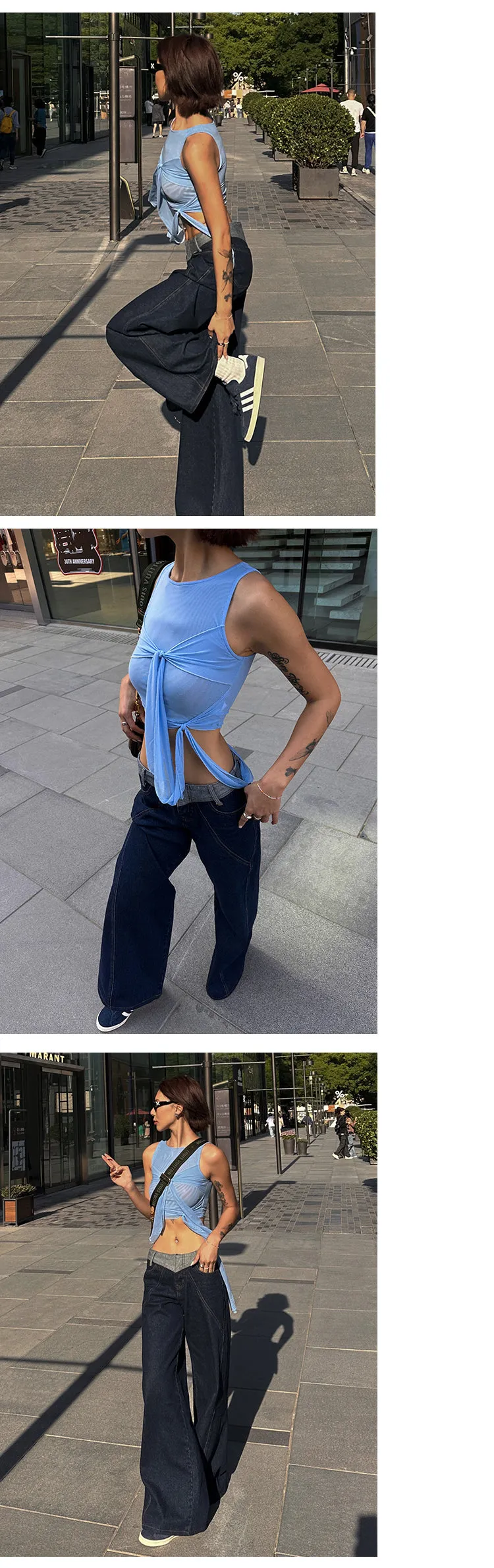 Lara Denim Blue Low-Rise Paneled Straight Wide-Leg Jeans Pants