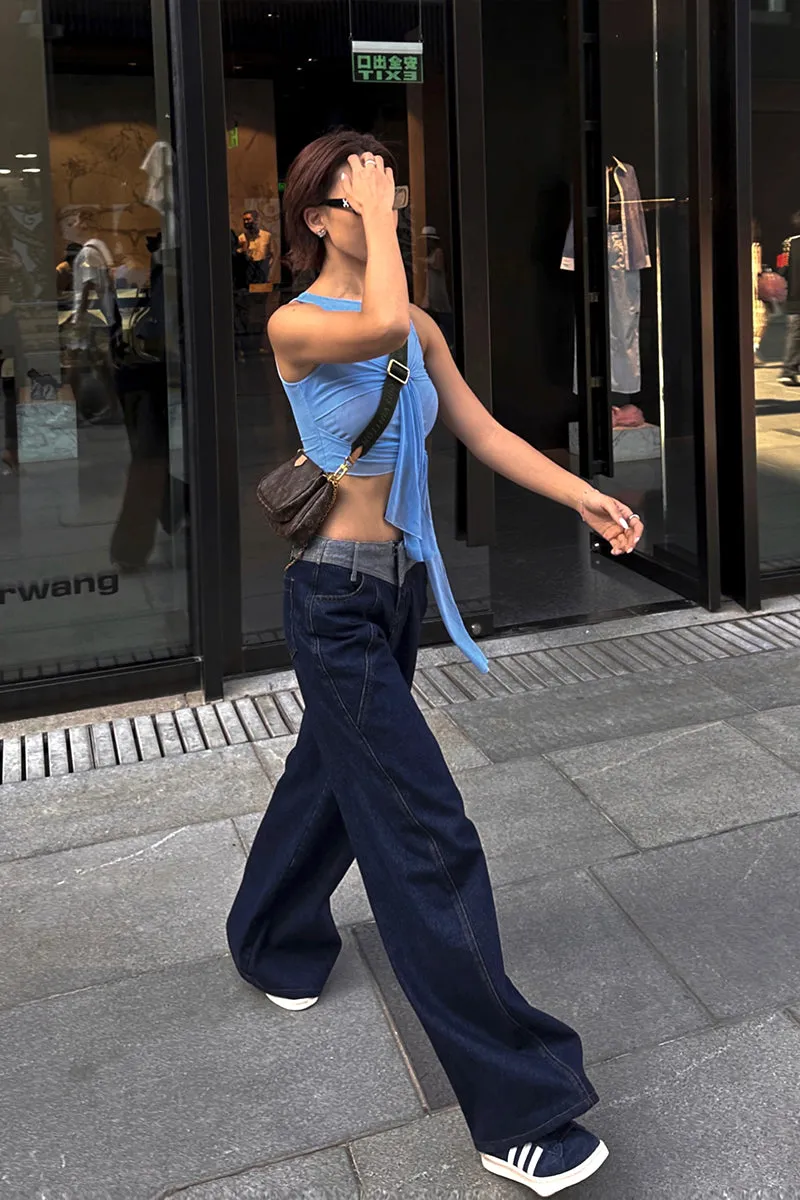Lara Denim Blue Low-Rise Paneled Straight Wide-Leg Jeans Pants