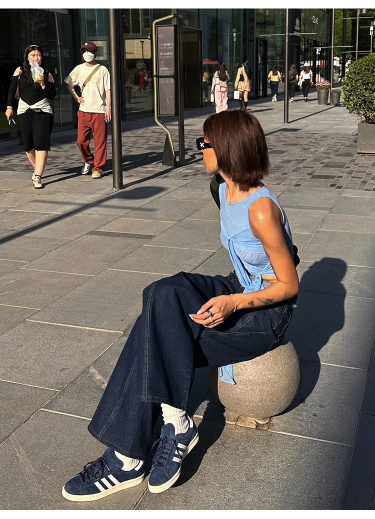 Lara Denim Blue Low-Rise Paneled Straight Wide-Leg Jeans Pants