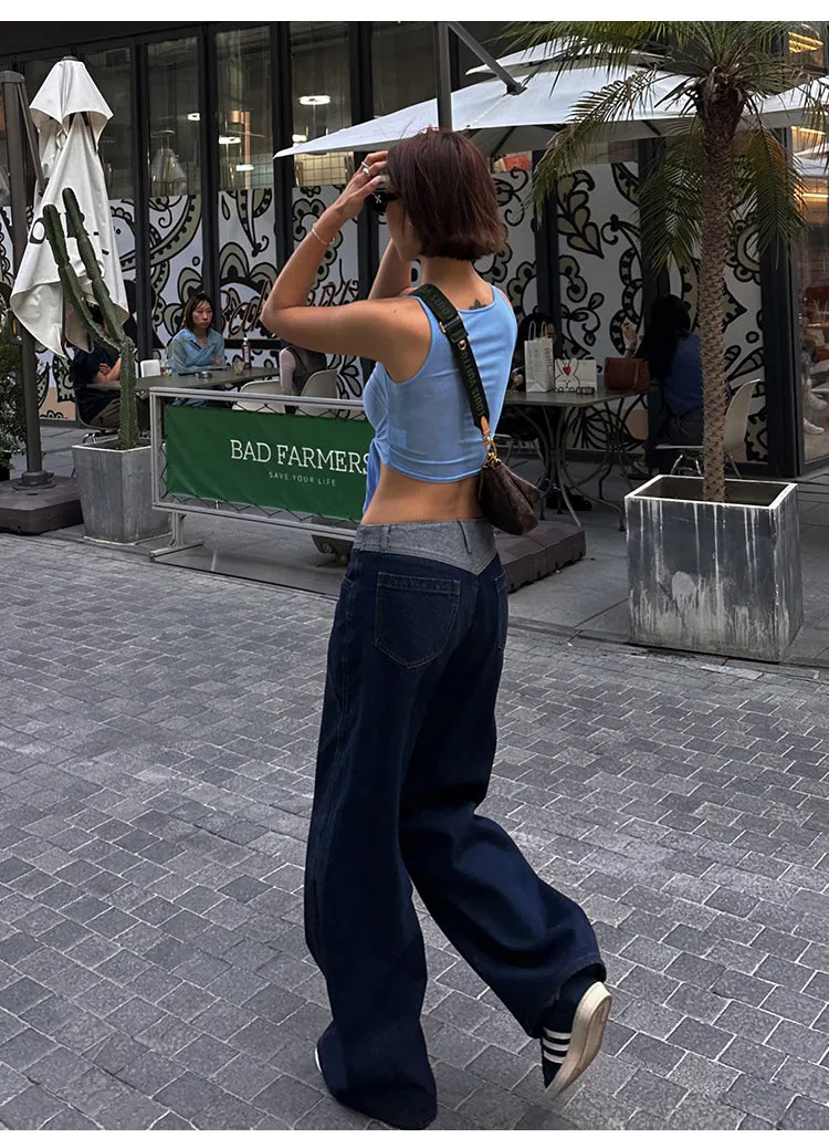 Lara Denim Blue Low-Rise Paneled Straight Wide-Leg Jeans Pants