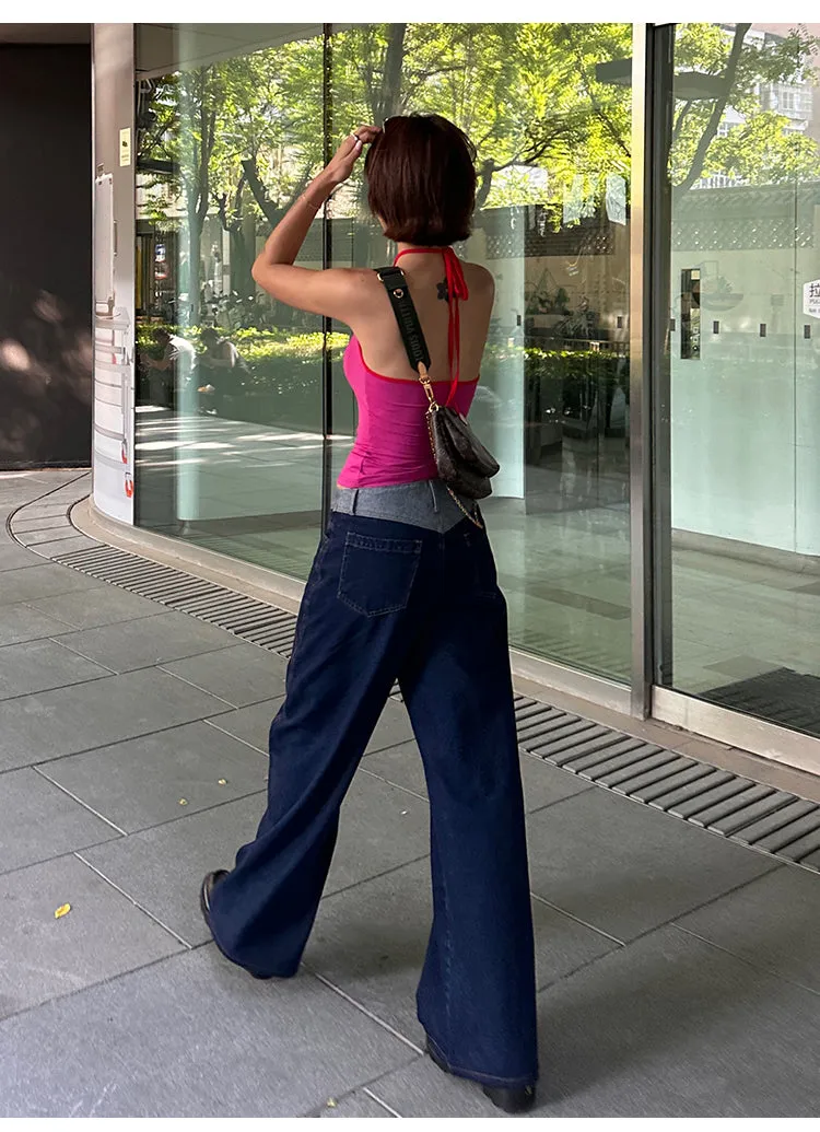 Lara Denim Blue Low-Rise Paneled Straight Wide-Leg Jeans Pants