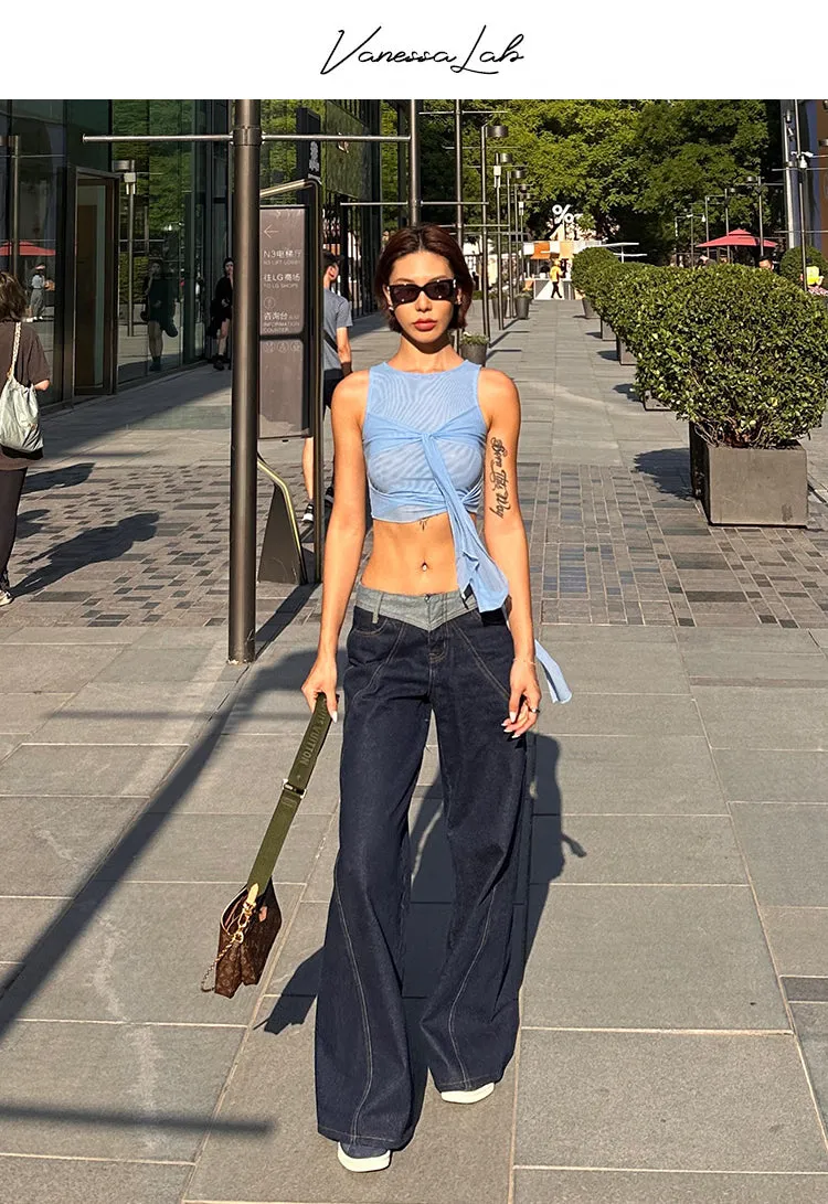 Lara Denim Blue Low-Rise Paneled Straight Wide-Leg Jeans Pants