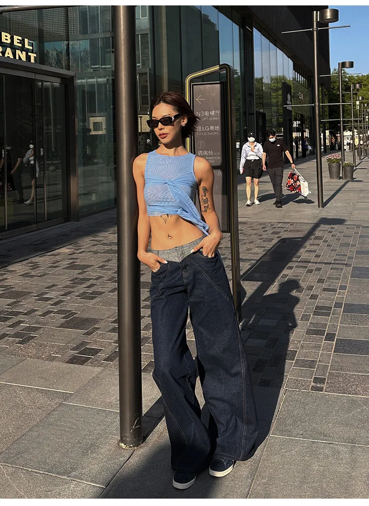 Lara Denim Blue Low-Rise Paneled Straight Wide-Leg Jeans Pants