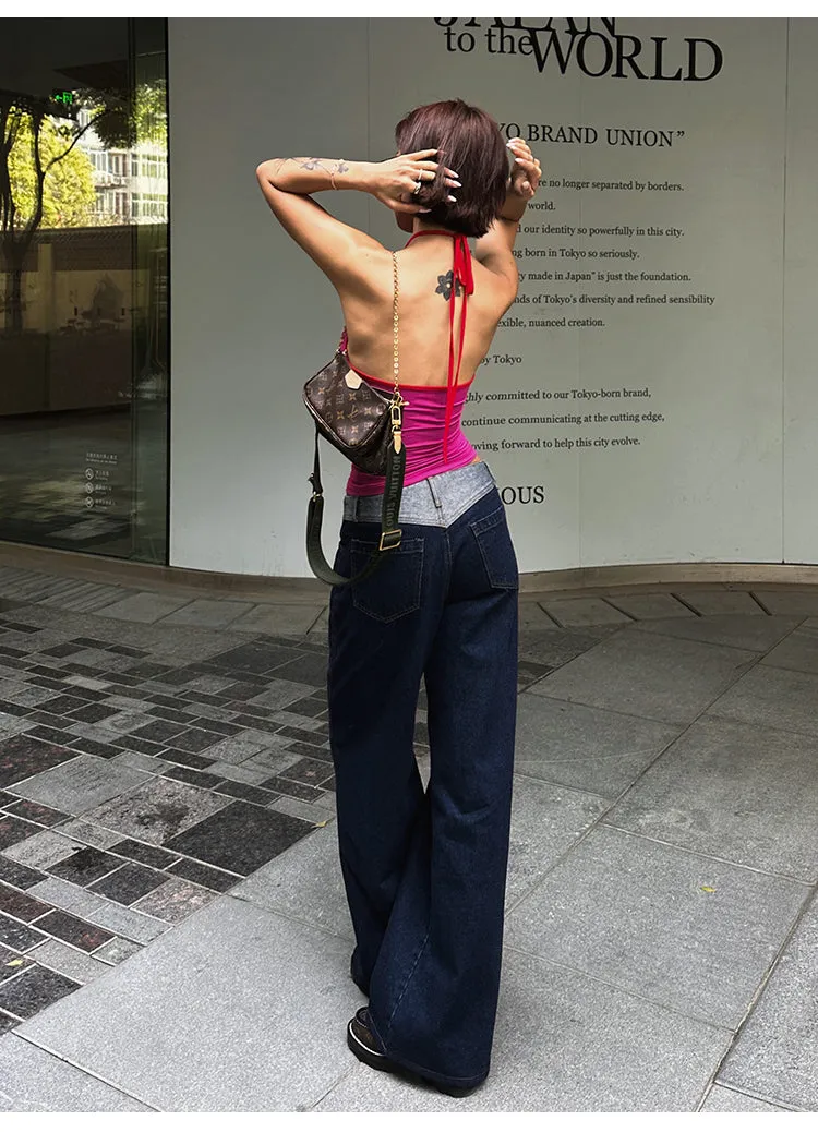 Lara Denim Blue Low-Rise Paneled Straight Wide-Leg Jeans Pants