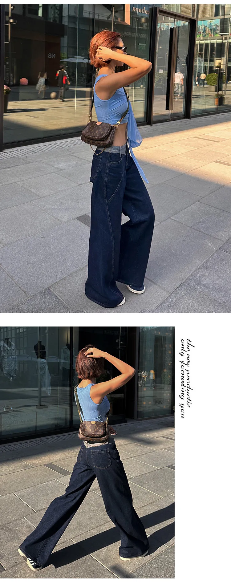 Lara Denim Blue Low-Rise Paneled Straight Wide-Leg Jeans Pants