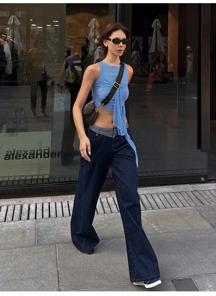 Lara Denim Blue Low-Rise Paneled Straight Wide-Leg Jeans Pants