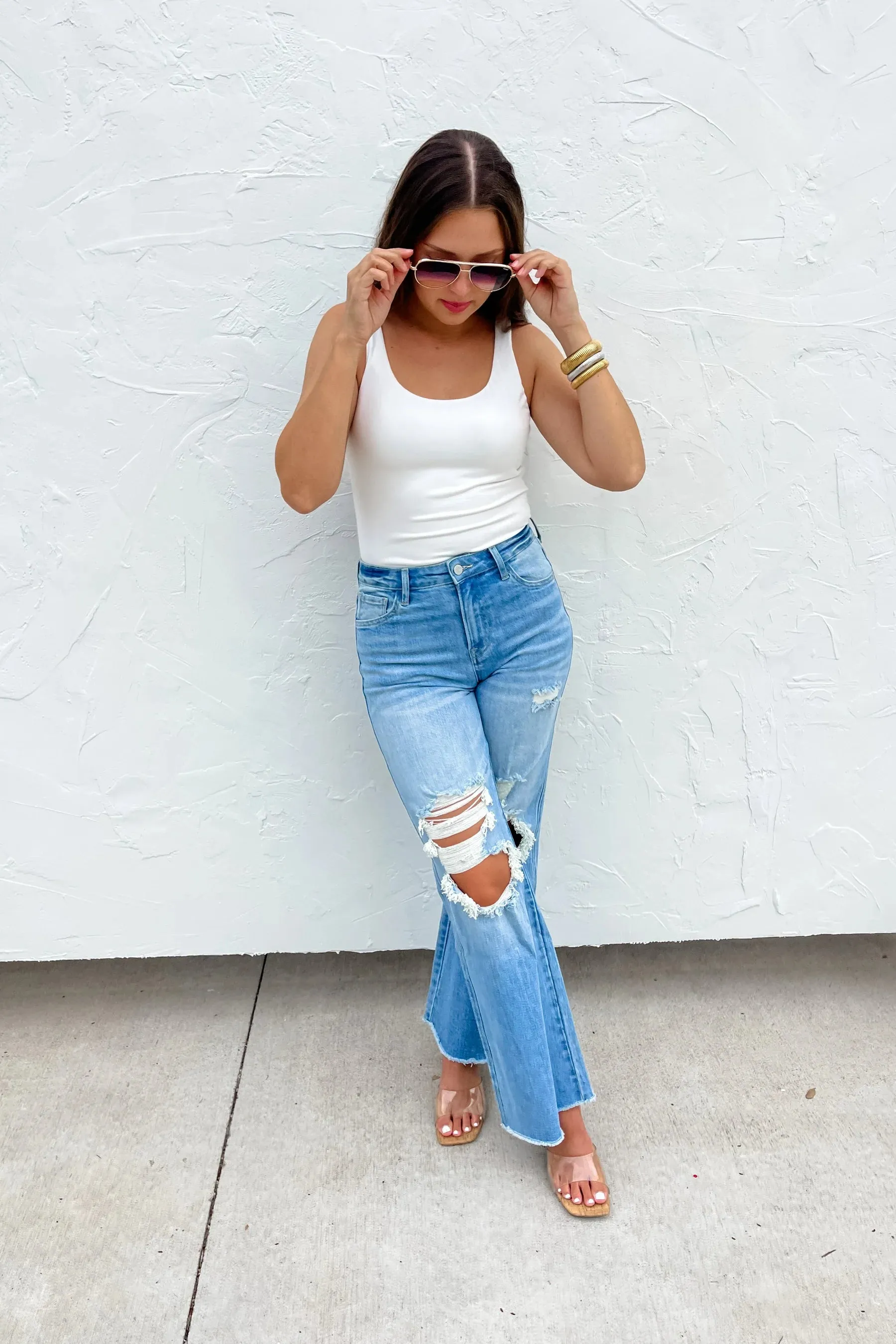 Light Wash Distressed Dad Wide Leg Jeans
