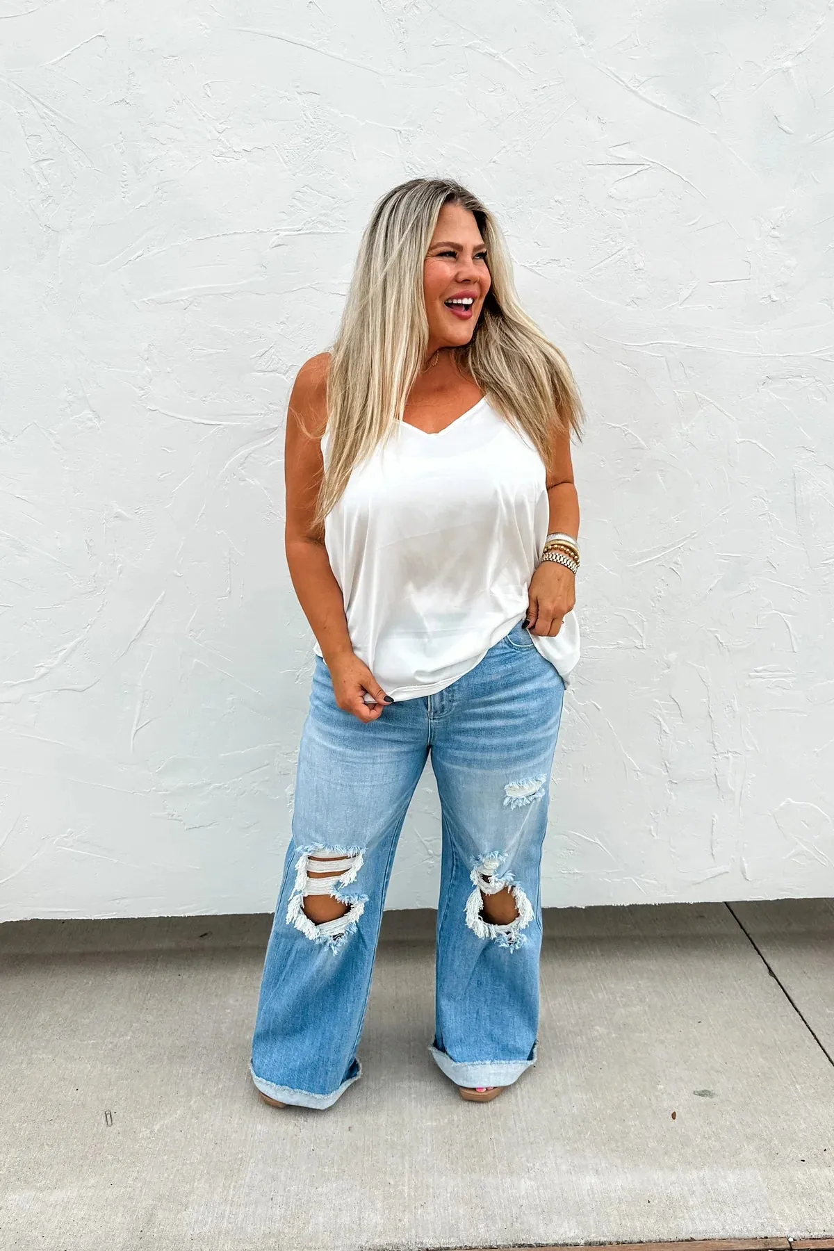 Light Wash Distressed Dad Wide Leg Jeans