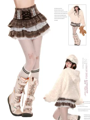 Lolita Kawaii Ruffle Lace Plaid Skirts Women Sweet Elegant Mini Skirt Cutecore Autumn Winter Patchwork A-line Short Skirts Chic
