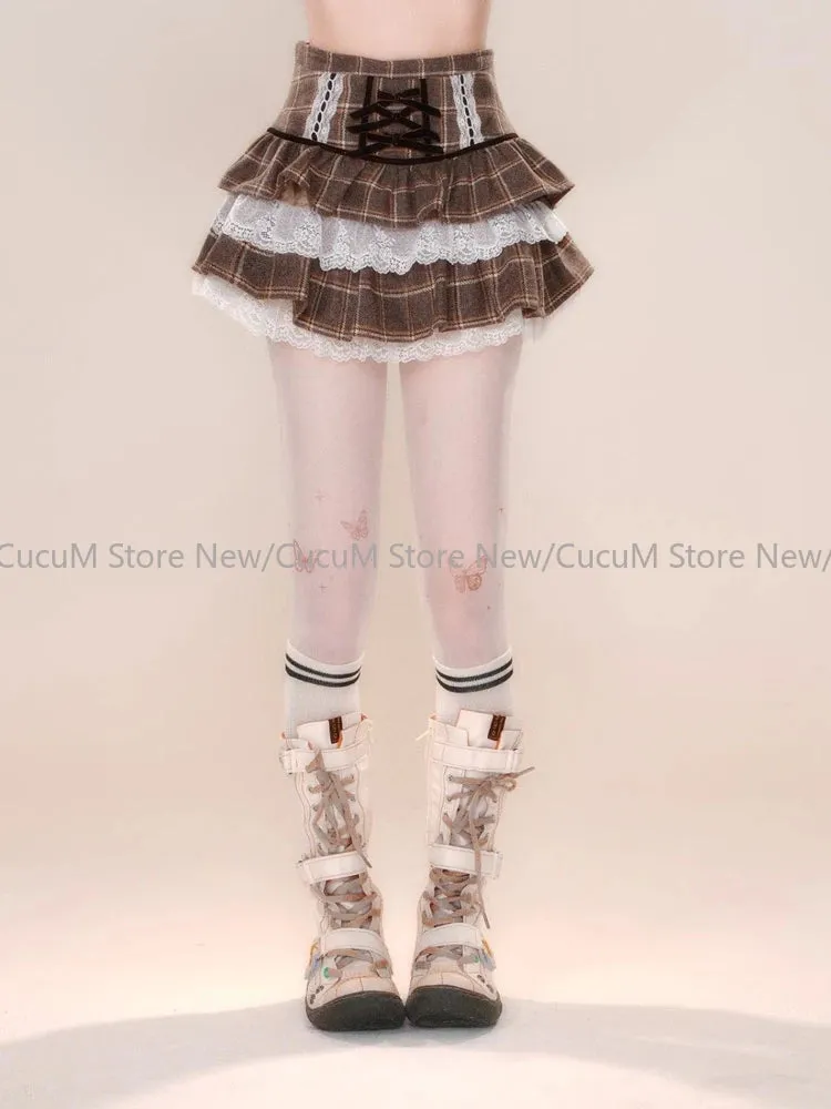 Lolita Kawaii Ruffle Lace Plaid Skirts Women Sweet Elegant Mini Skirt Cutecore Autumn Winter Patchwork A-line Short Skirts Chic