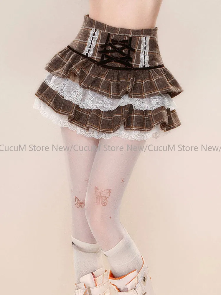 Lolita Kawaii Ruffle Lace Plaid Skirts Women Sweet Elegant Mini Skirt Cutecore Autumn Winter Patchwork A-line Short Skirts Chic