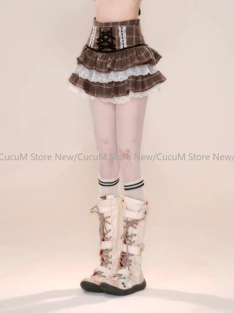 Lolita Kawaii Ruffle Lace Plaid Skirts Women Sweet Elegant Mini Skirt Cutecore Autumn Winter Patchwork A-line Short Skirts Chic