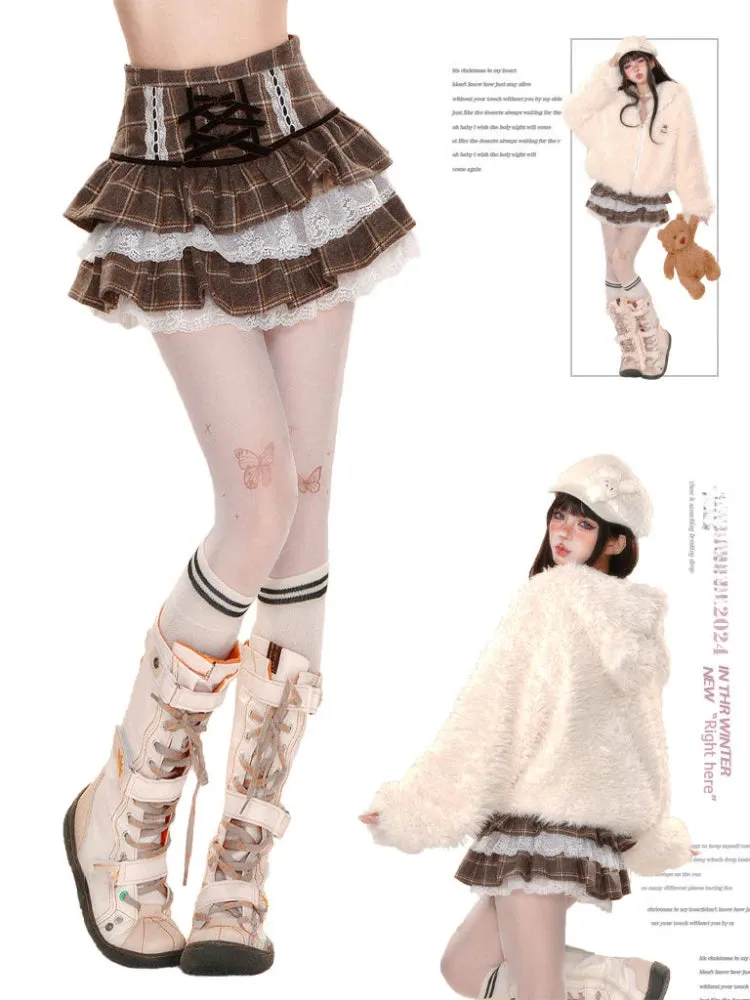 Lolita Kawaii Ruffle Lace Plaid Skirts Women Sweet Elegant Mini Skirt Cutecore Autumn Winter Patchwork A-line Short Skirts Chic