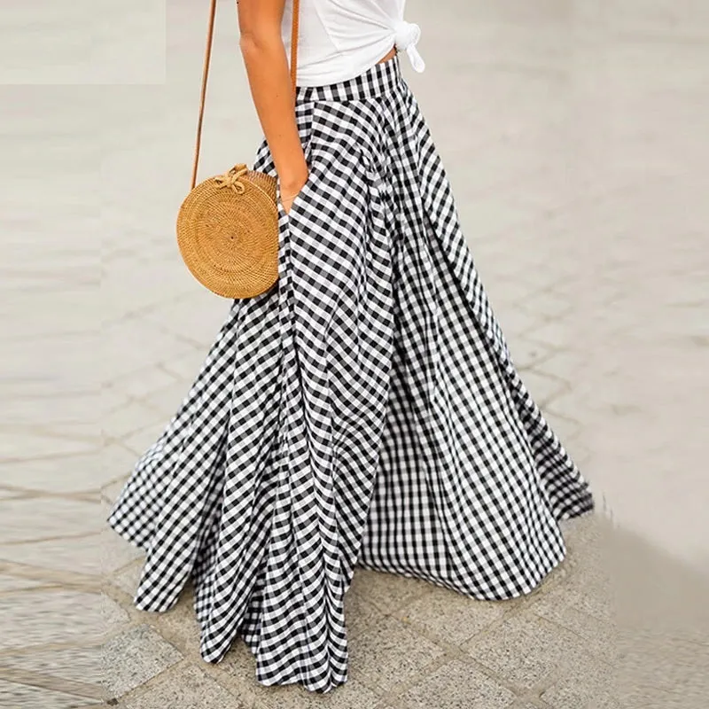 Long Check Zipper Pleated Maxi Skirts CODE: KAR966