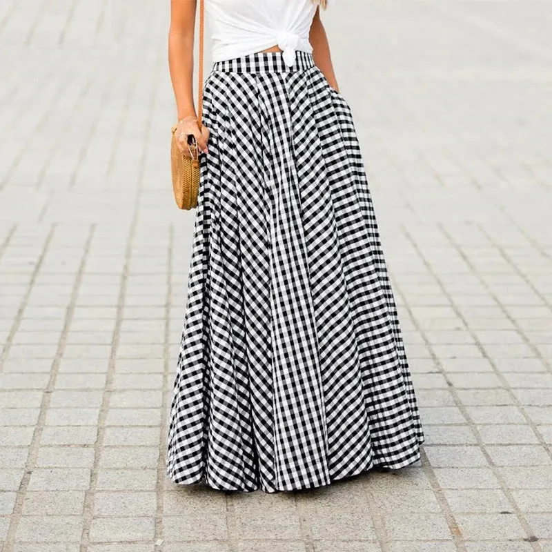 Long Check Zipper Pleated Maxi Skirts CODE: KAR966