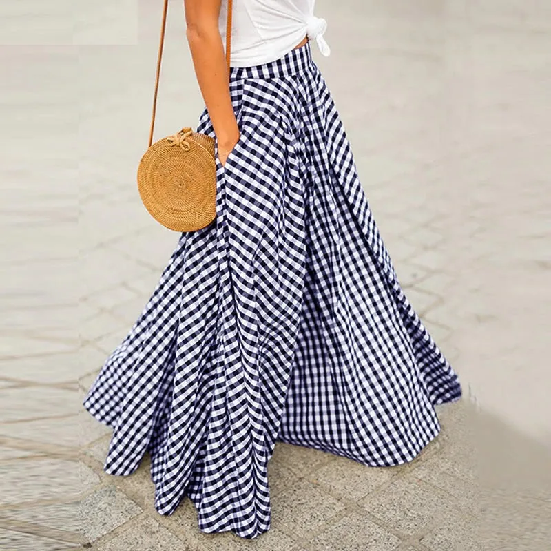 Long Check Zipper Pleated Maxi Skirts CODE: KAR966
