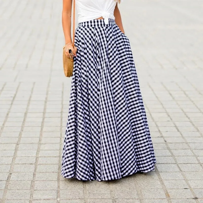 Long Check Zipper Pleated Maxi Skirts CODE: KAR966