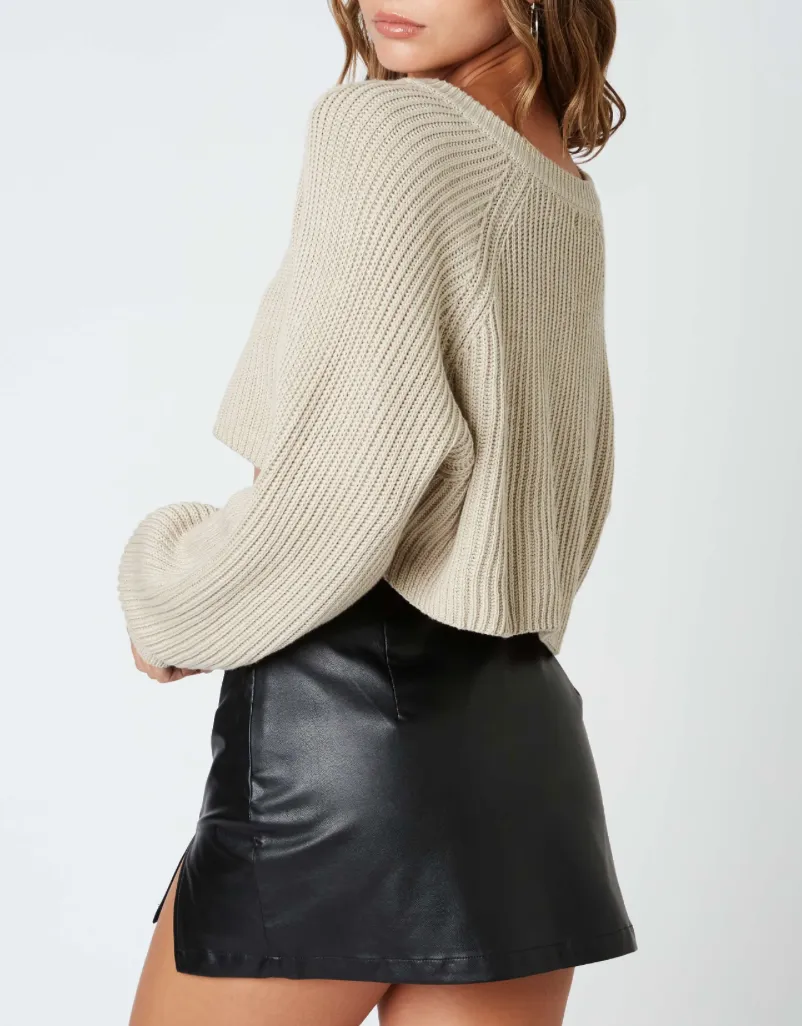 Long Sleeve Notched Neck Cropped Sweater
