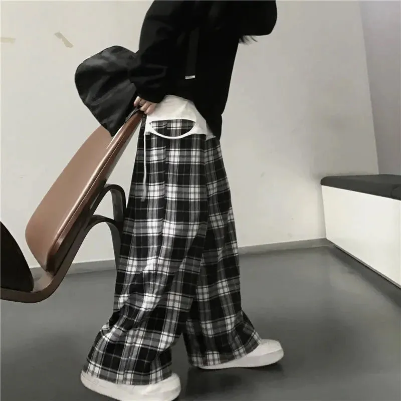 Loose Wide Leg Black And White Plaid Pants