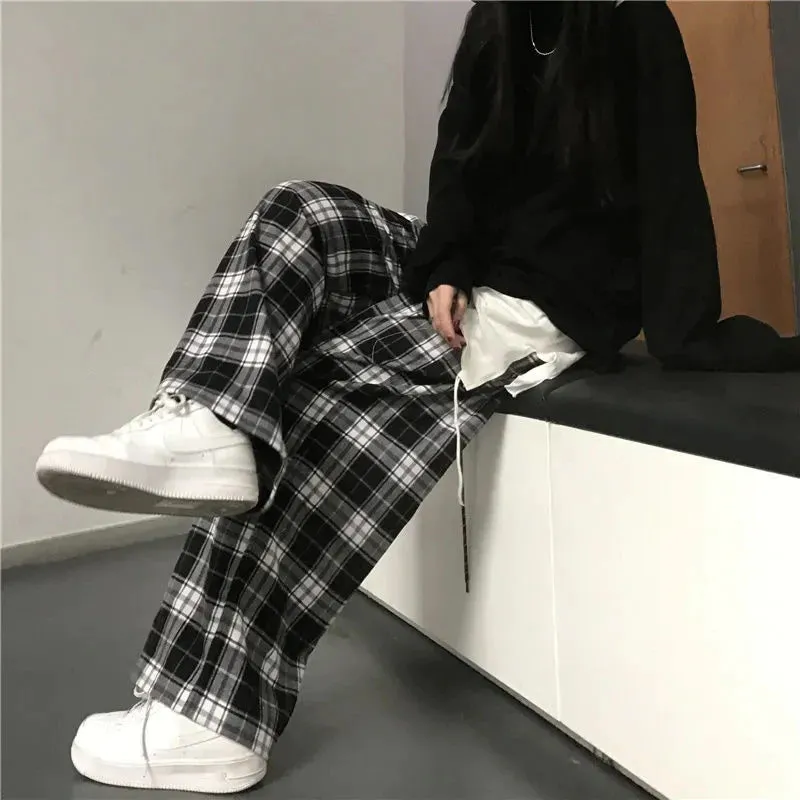 Loose Wide Leg Black And White Plaid Pants