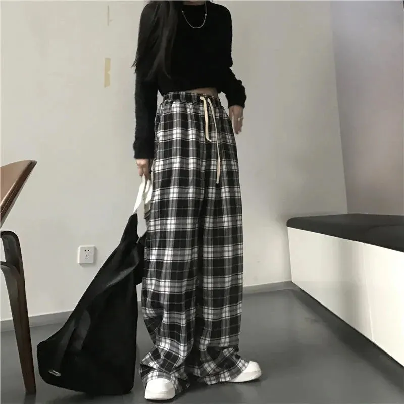 Loose Wide Leg Black And White Plaid Pants