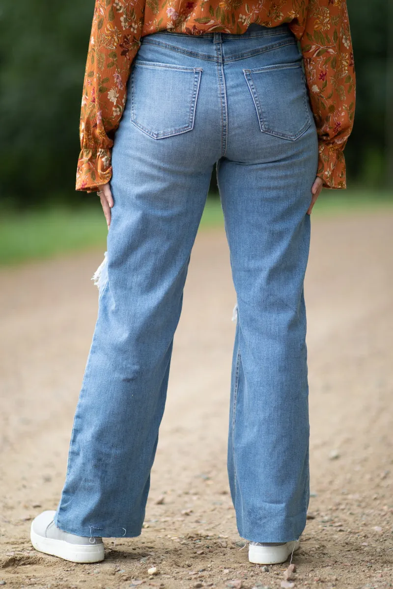 Medium Wash Distressed Knee Wide Leg Jeans