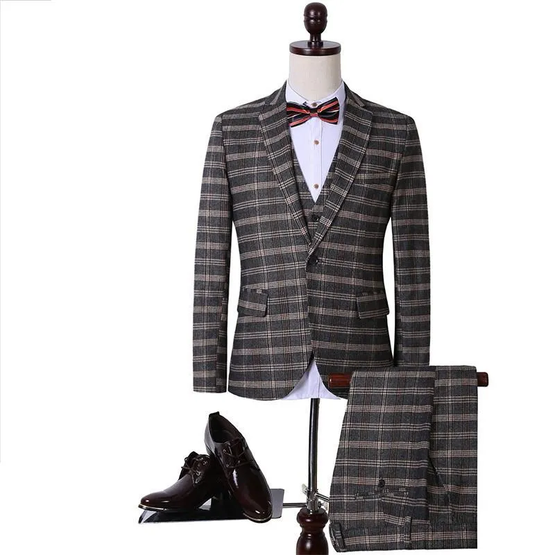 Men's 3 Peice Jacket Pants Vest Classic Plaid Business Suit