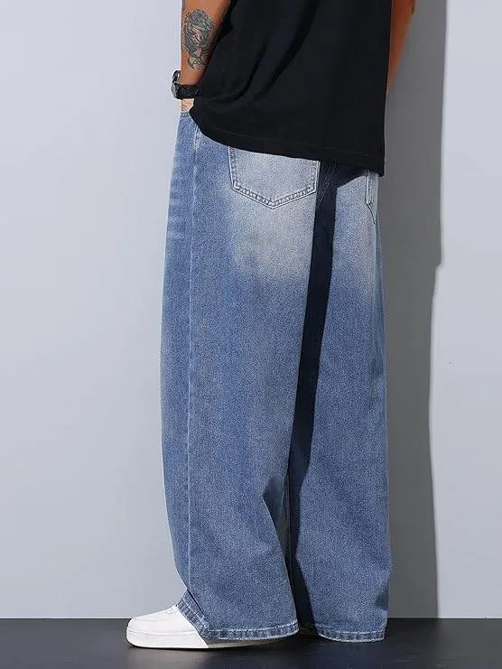 Men’s Medium Blue Baggy Wide-Leg Jeans Loose Fit Denim