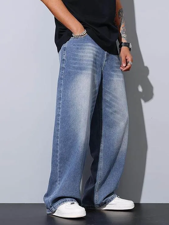 Men’s Medium Blue Baggy Wide-Leg Jeans Loose Fit Denim