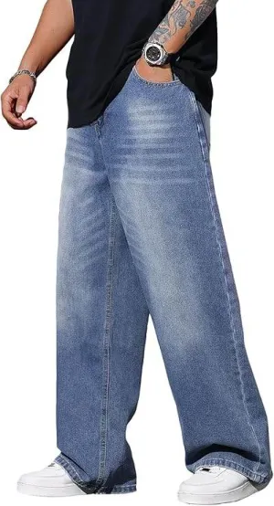 Men’s Medium Blue Baggy Wide-Leg Jeans Loose Fit Denim